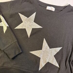 South Pullover Knit Sweater Women L Black Silver Star Long Sleeve Celestial Foil